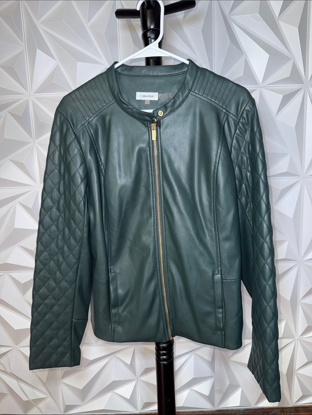 Calvin Klein Women's Quilted Dark Green Leather Zip Jacket